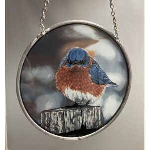 Bluebird Suncatcher Glass Round Hanging Window Decor Spring Bird with Chain